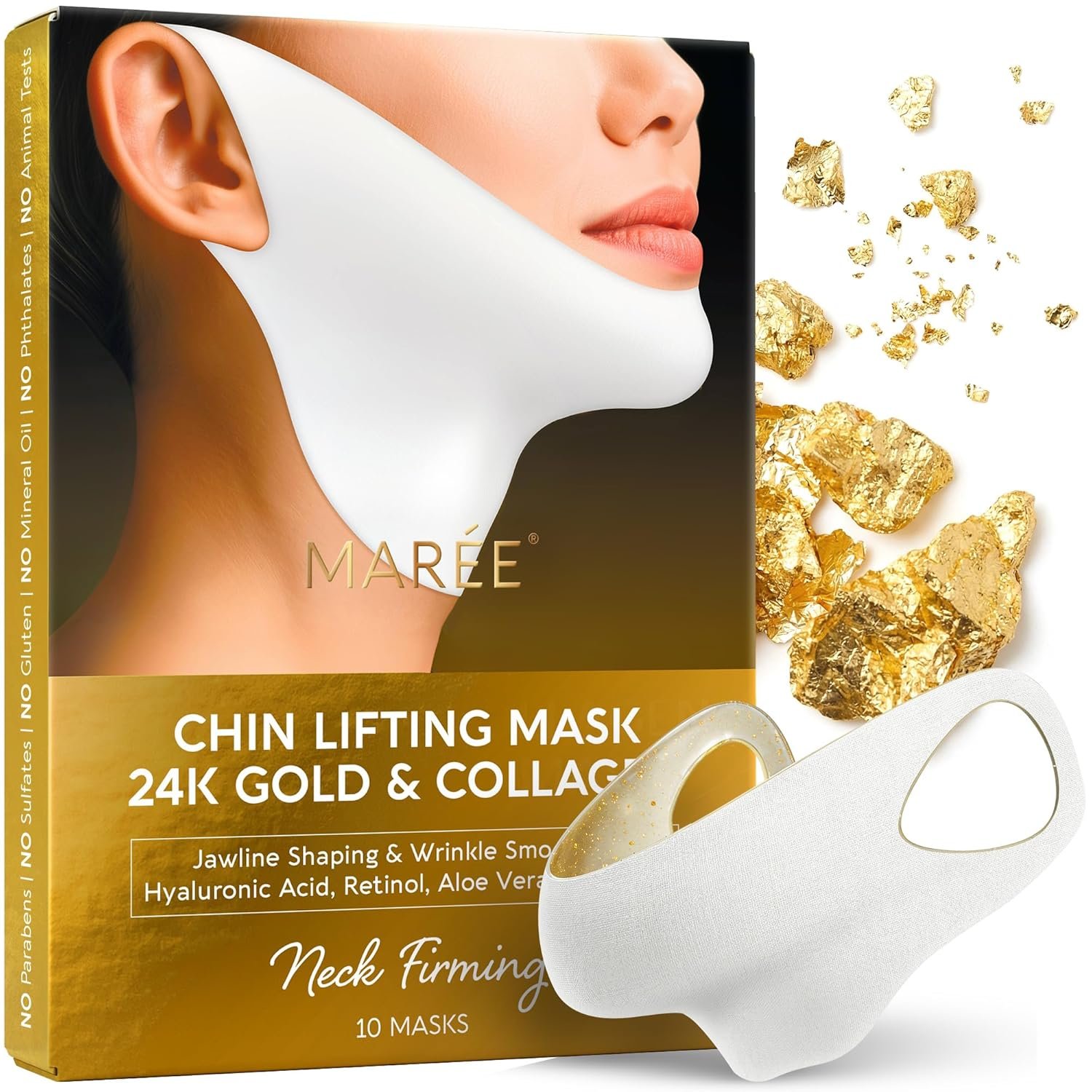 MAREE Chin Strap V Line Lifting Mask – 24K Gold Face & Neck Lift Tape Mask – Double Chin Strap for Sleeping – Neck Wrinkle Patches Reducer & Jawline Shaper for Firming, Tightening & Lifting – 10 PCS