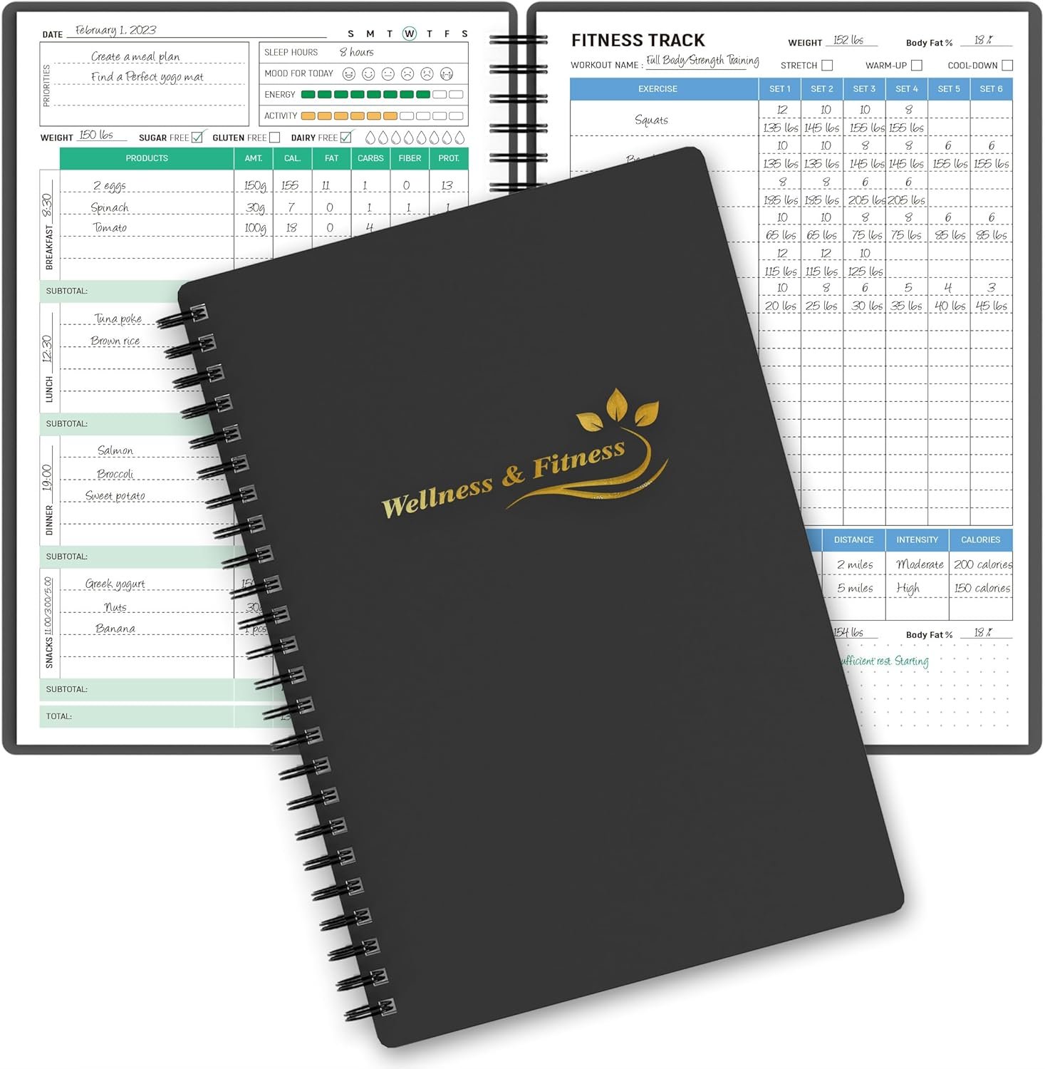 Wellness Planner & Fitness Log – Daily Diet & Health Journal with Weight Loss, Wellness Journal Notebook for Tracking Fitness, Sleep, Nutrition, Meal, Habits, A5(5.8 x 8.6 inch) (Black Golden)