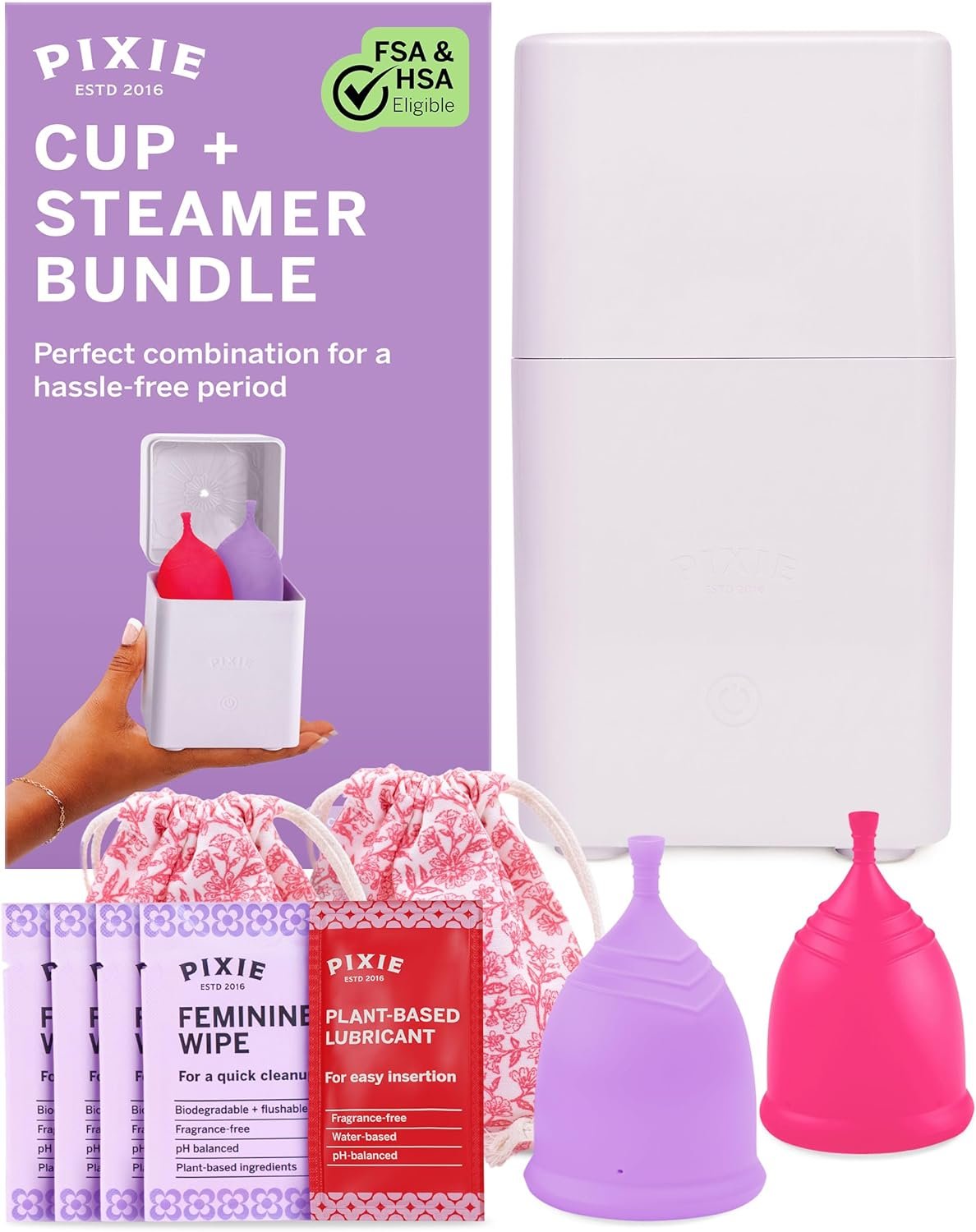 Pixie Menstrual Cups with Sterilizer – The Most Comfortable Soft Reusable Period Cup – Kills 99.9% of Germs with Clean Steam – Wash Your Cup in 3 Minutes! – Compact Sanitizer Kit for Feminine Care