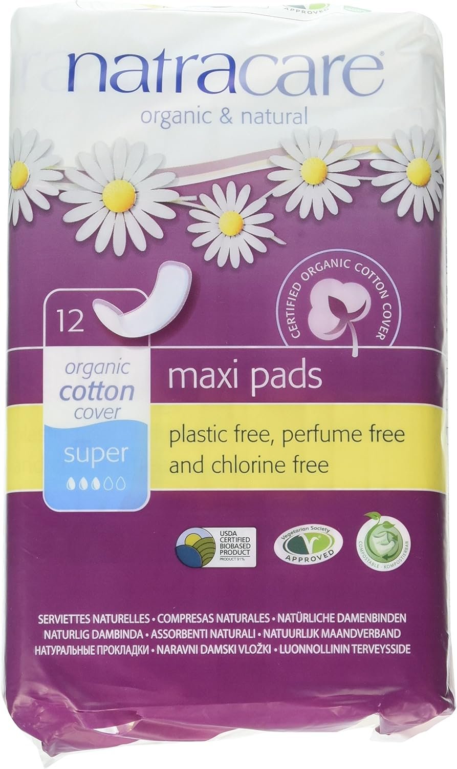 Natracare Maxi Pads Super with Organic Cotton Cover 12 ea (Pack of 2)