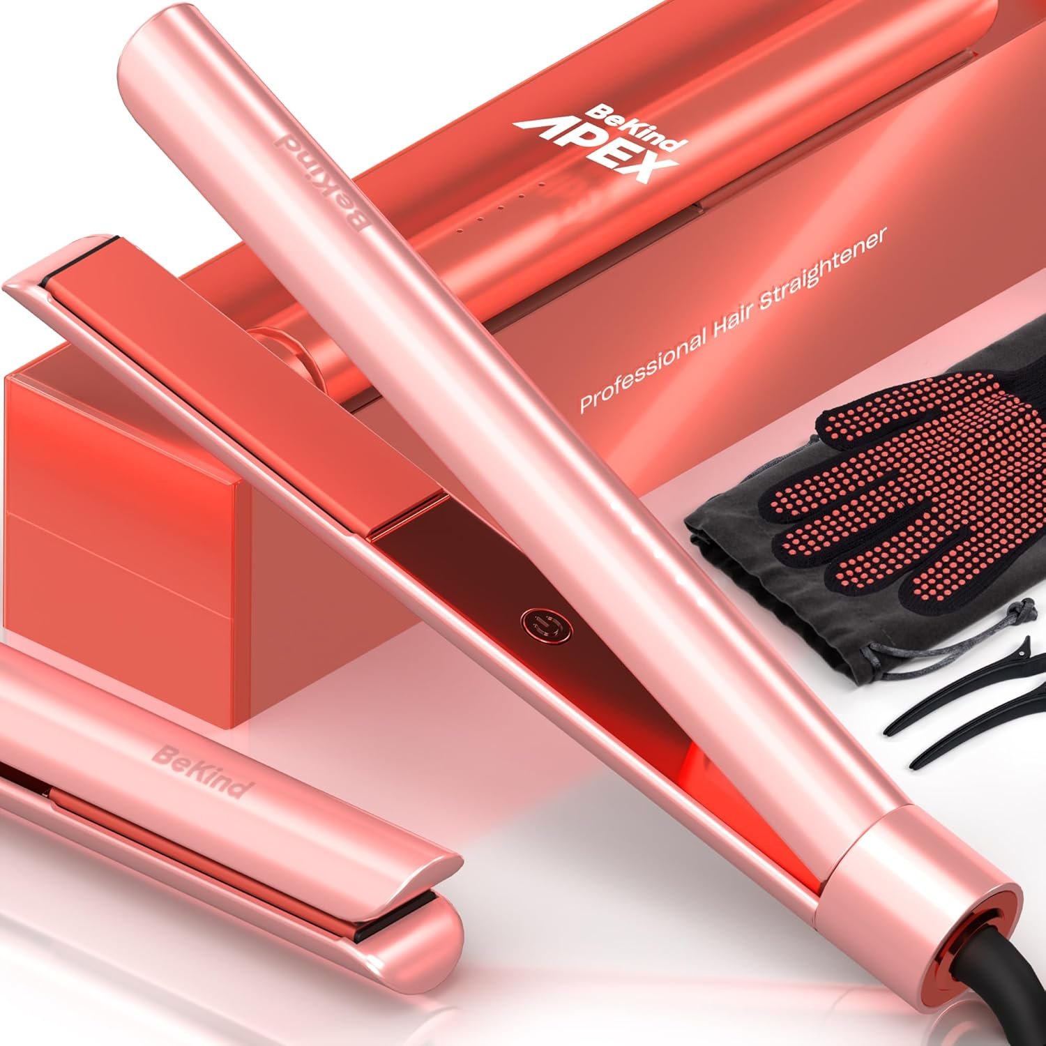 2-in-1 Hair Straightener Flat Iron by BeKind Apex | 1“ 460°F Straightener and Curler for All Hairstyles | UltraSmooth Tech | 15s Fast Heating & Temp Memory | Gift Set for Girls Women (Apex Peach)