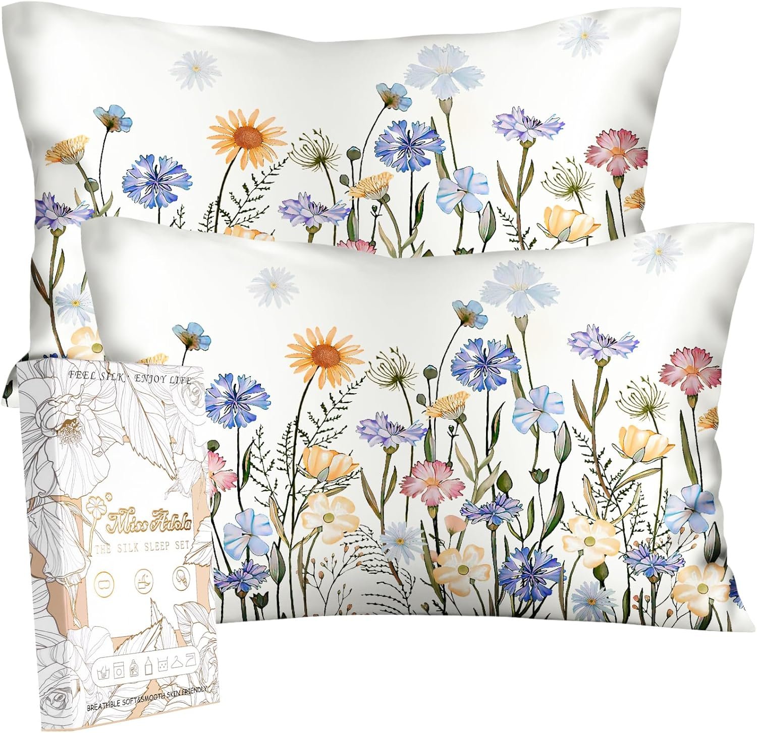Miss Adola 2 Pack Silk Pillowcases – Standard Size 20 x 26 Inch Silky Pillow Cases for Hair and Skin Soft Smooth Cooling Aesthetic Bed Sleeping Pillow Covers with Zipper for Women, Colorful Flower