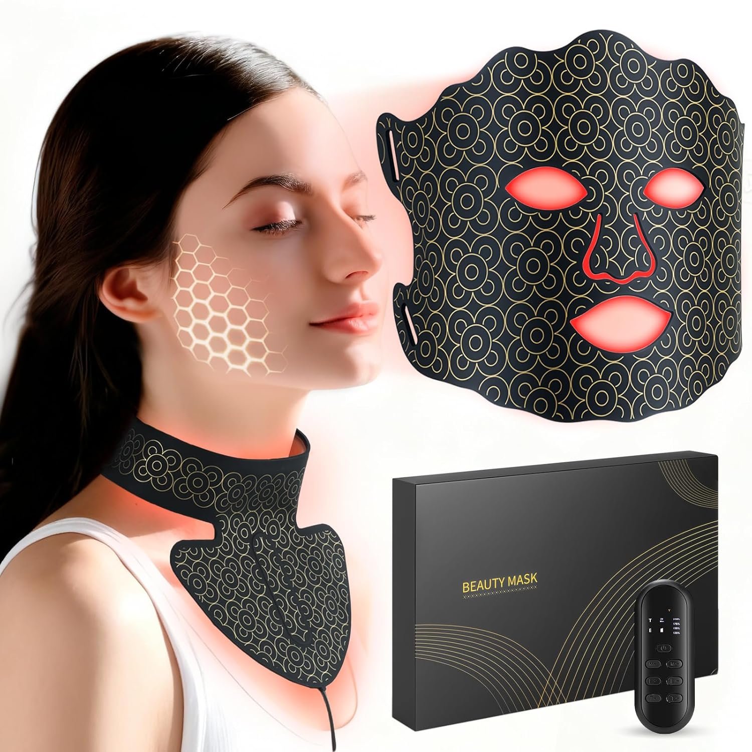 Red Light Therapy Mask for Face and Neck, 7 Color LED Light Therapy Mask with Rechargeable Controller, Adjustable Brightness and Timer, Portable Skin Care for Home Use