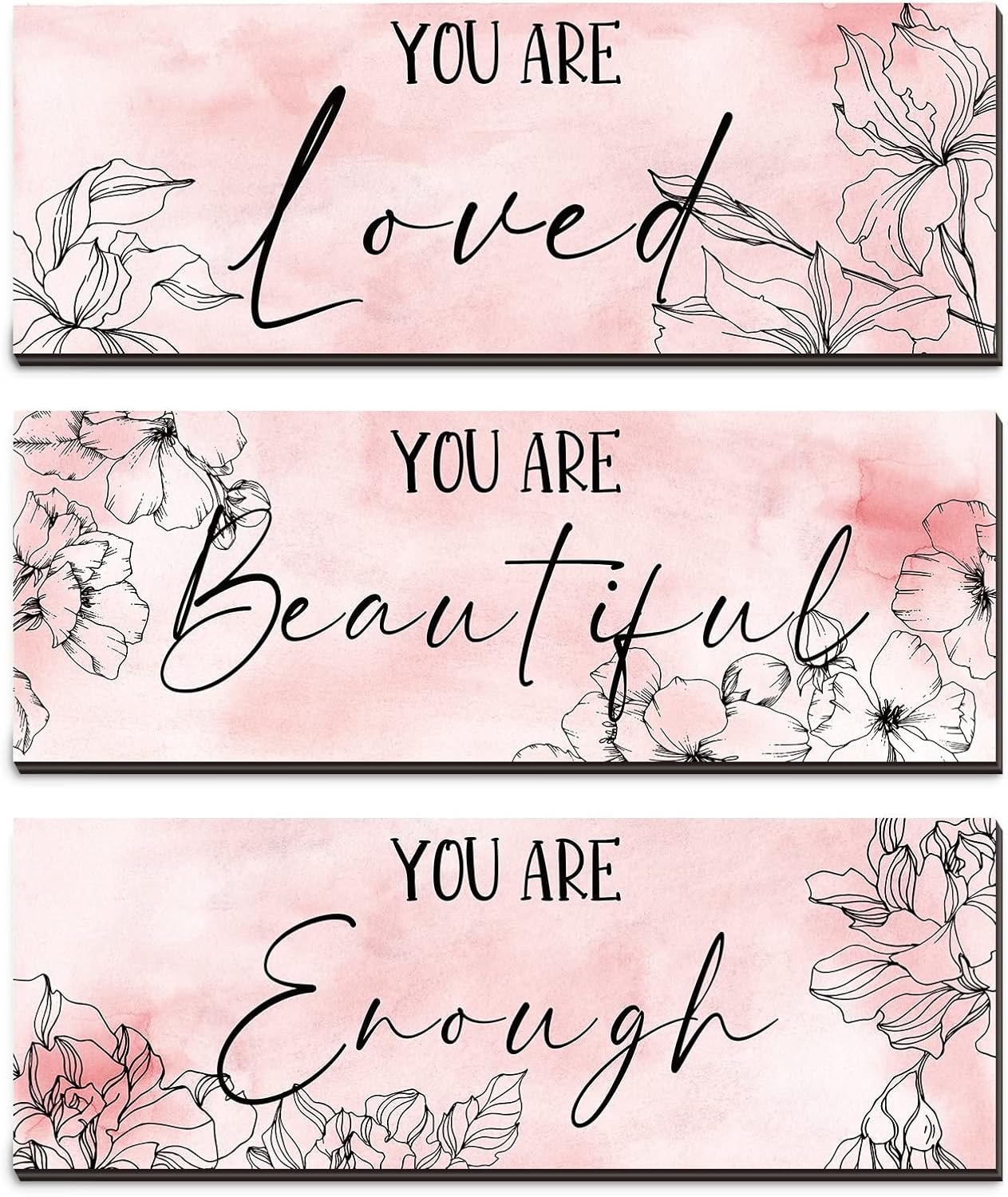 Yookeer 3 Pcs Floral Wooden Hanging Wall Art Inspirational Quotes You Are Beautiful Room Flower Cherry Blossom Decor for Thank You Birthday Women Gift Teacher Assistant(4 x 11 Inch,Pink)
