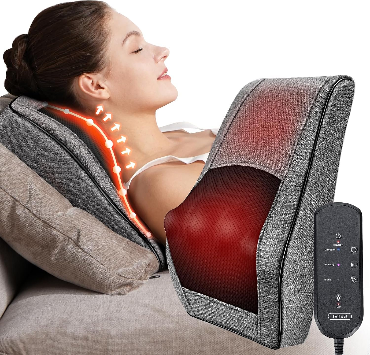 Boriwat Neck Massager with Heat, Back Massager & Deep Tissue Massager, 3D Kneading Massage Pillow for Neck, Back, Shoulder, Leg, Gifts Men Women Mom Dad, Stress Relax at Home Office and Car (Gray)