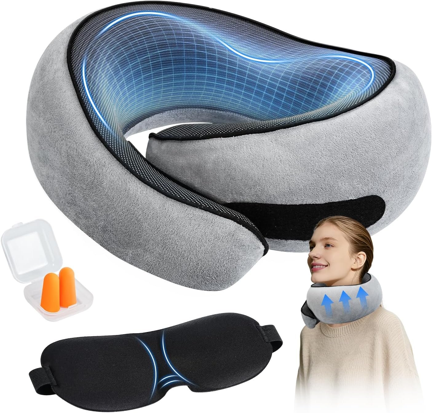 SYNNA Travel Neck Pillow for Airplane & Car, 360° Head and Chin Support, Ergonomic Memory Foam with Silky-Smooth Washable Cover for Flights, Road Trips & Office Naps