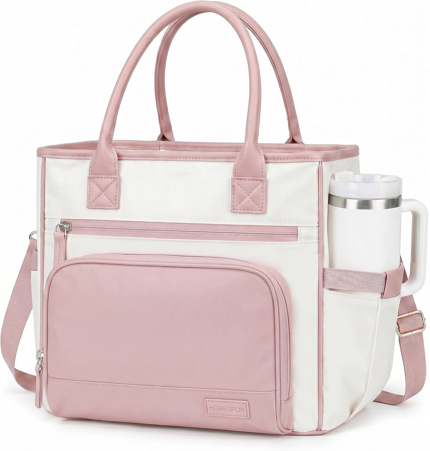 HOMESPON Insulated Lunch Bag Women Wide Opening Adult Lunch Box Large Leakproof Cooler Bag for Work Picnic Beach Family College Lunch Teacher Tote Bag with Adjustable Shoulder Strap Cup Holder(Pink)