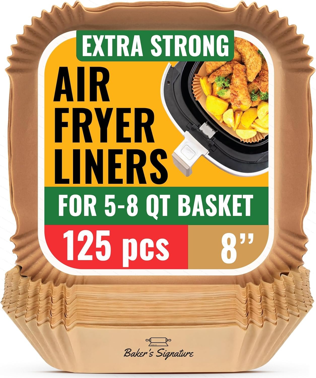 Air Fryer Paper Liners, 125Pcs Air Fryer Disposable Liners, Non-Stick and Oil Proof for Easy Cleanup, 8” Square for 5-8 qt Basket by Baker’s Signature