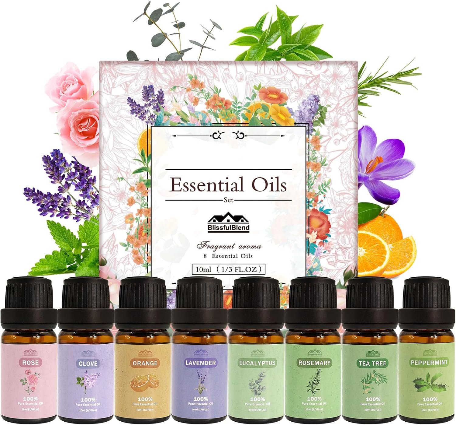 8 Pcs Pure Essential Oils Set for Diffuser, Home Care, Candle, Soap, Clean, Perfume, Laundry – Peppermint, Lavender, Rose, Clove-Organic Aromatherapy for Women and Mom Gift 10ml Each Mother’s Day