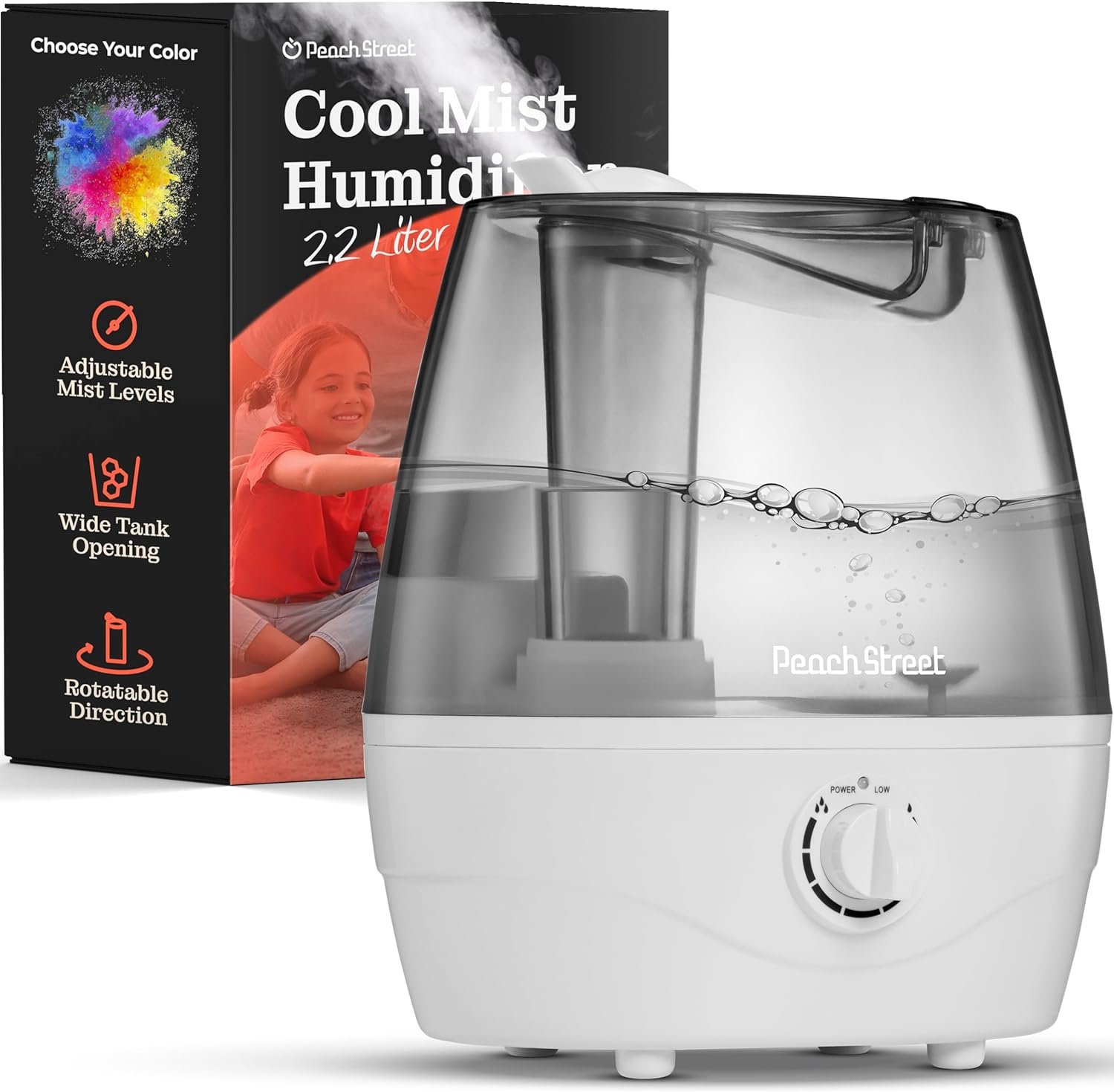 Cool Mist Humidifier – 2.2L Water Tank, for Bedroom, Baby, Quiet Ultrasonic Air Vaporizer, Adjustable Mist Level, 360 Nozzle Rotation, Auto-Shut Off, Large Area Humidifiers Easy Fill and Clean (Grey)
