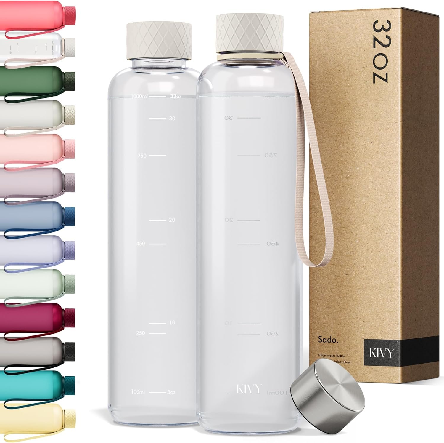 KIVY Slim Water Bottle 32oz [Lightweight & Shatterproof Tritan] Fits Backpack & Cupholder for Travel, Sports, School, Gym – Clear water bottle with measurements – Transparent Beige – Dishwasher Safe