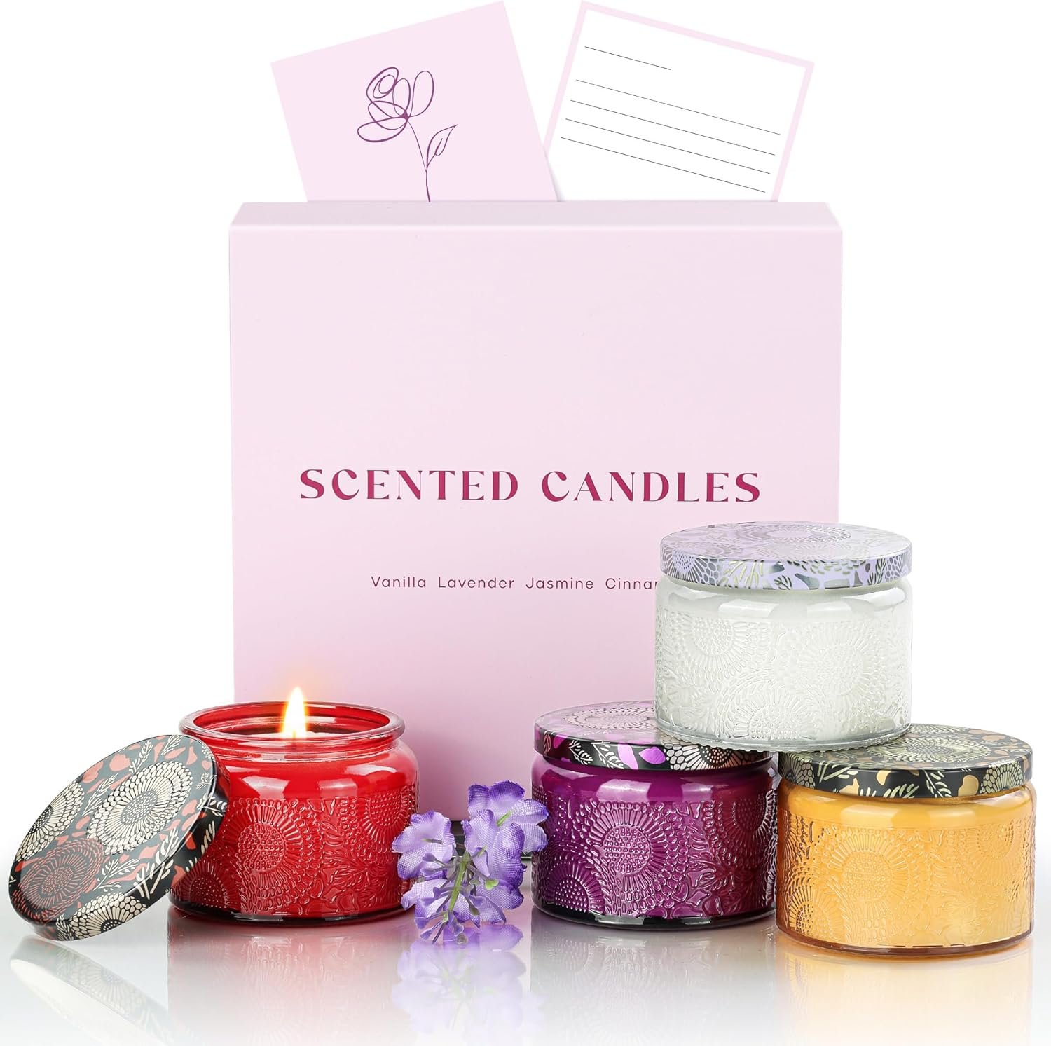 NORVENCE Candles for Women, Scented Candle Gift Set of 4, Scented Candles for Home, Birthday and Christmas Candle Gifts for Women (Vanilla, Lavender, Cinnamon, Jasmine, 14.4 oz)