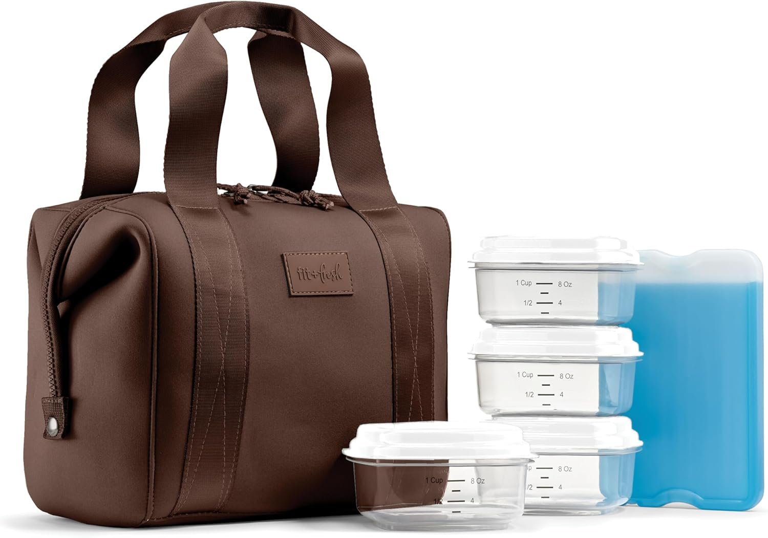 Fit & Fresh Remi Lunch Bag for Women Work – Neoprene Lunch Tote with Containers & Ice Pack, Reusable Meal Prep Lunch Box, Large Capacity, Machine Washable, Chocolate