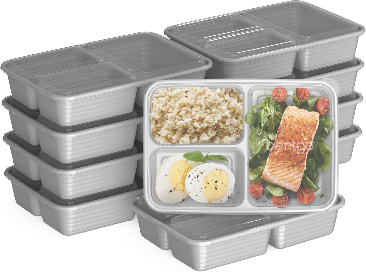 Bentgo Prep – 20-Piece 3-Compartment Reusable Meal Prep Containers with Lids, PFAS & BPA Free Materials, Durable, Microwave, Freezer, & Dishwasher Safe To Go Food Storage (Silver)