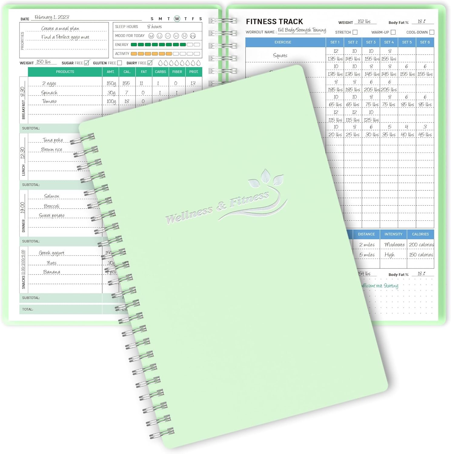 Wellness Planner & Fitness Log – Daily Diet & Health Journal with Weight Loss, Wellness Journal Notebook for Tracking Fitness, Sleep, Nutrition, Meal, Habits, A5(5.8 x 8.6 inch) (Green)