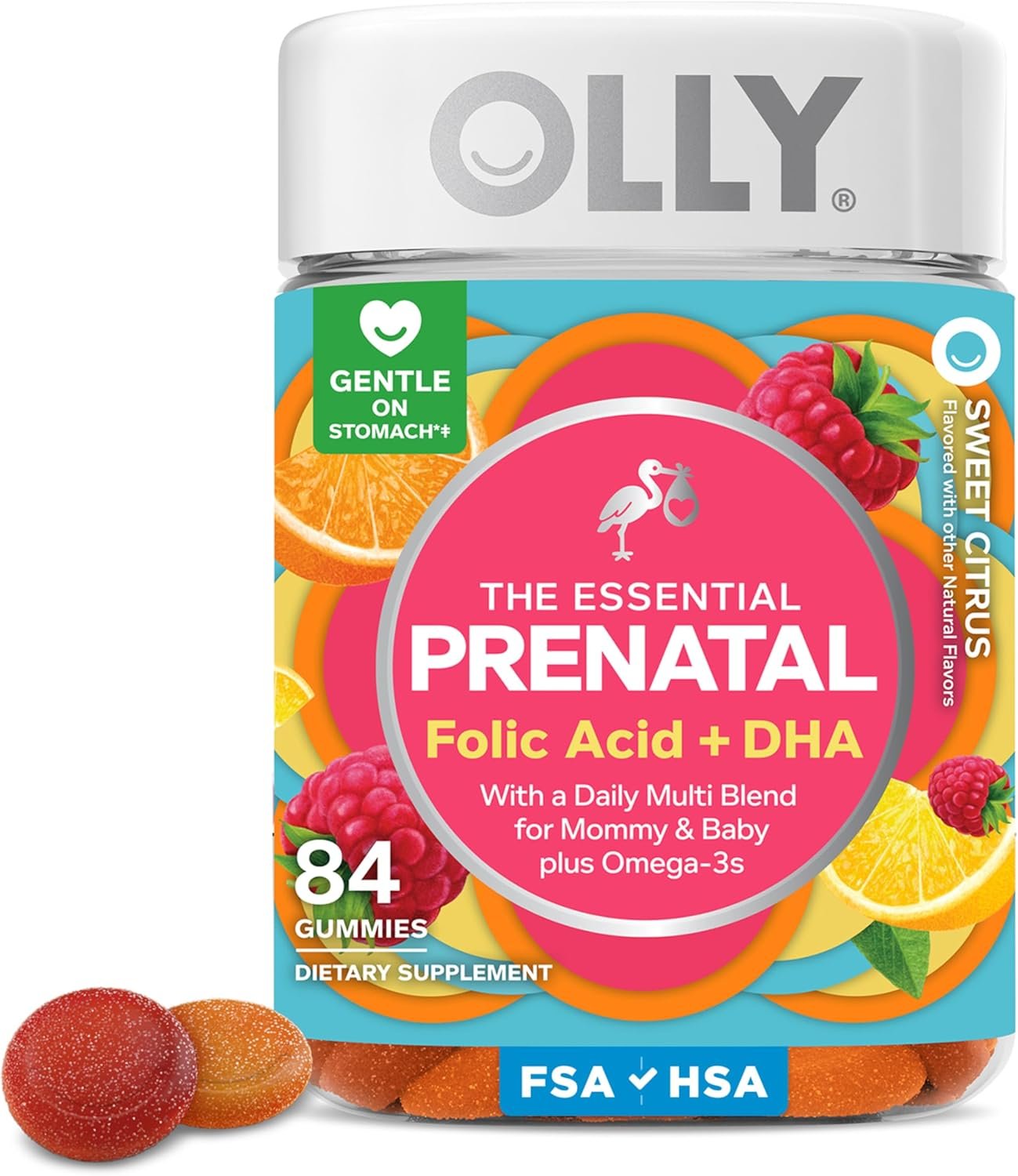 OLLY Prenatal Multivitamin Gummy, Daily Multi Blend for Mommy & Baby, Folic Acid, Omega 3 DHA, Vitamins A & D, Sweet Citrus Flavored, 42 Day Supply – 84 Count