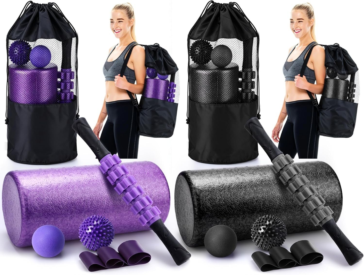 Soulchen 12 Pcs Foam Roller Set – 6 in 1 Deep Muscle Recovery Kit Includes Back Roller, Massage Ball, Muscle Stick, Fasciitis Ball, Stretch Strap & Bag for Body Physical Exercise Therapy, 2 Set