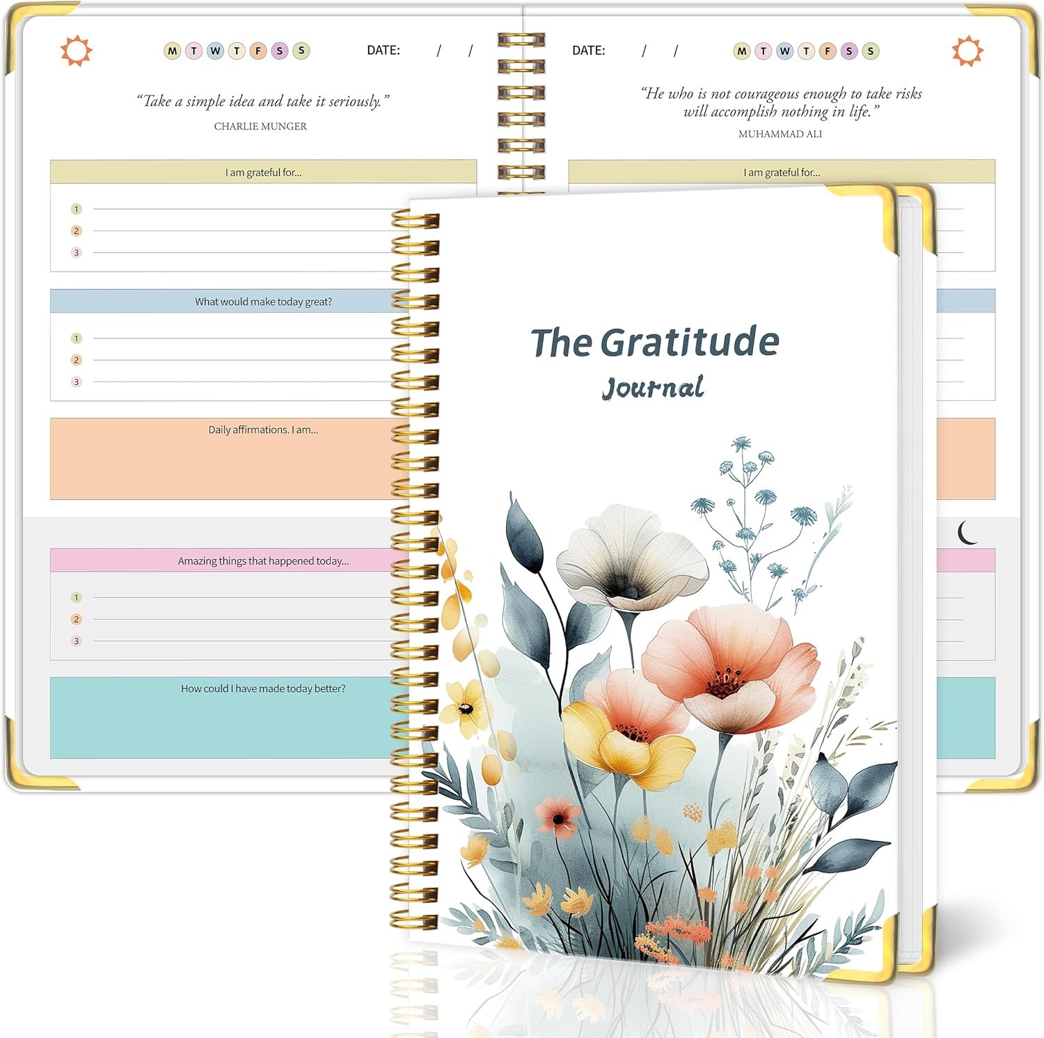 Gratitude Journal with Cardboard Cover ,Vivid Colorful Layout Design for Women ,Teens, 5 Miunte Daily Gratitude Journal with Prompts, Undated Hardcover Journals for More Happiness, Mindfulness & Reflection, Daily Affirmations, Spiral Binding ( Floral )