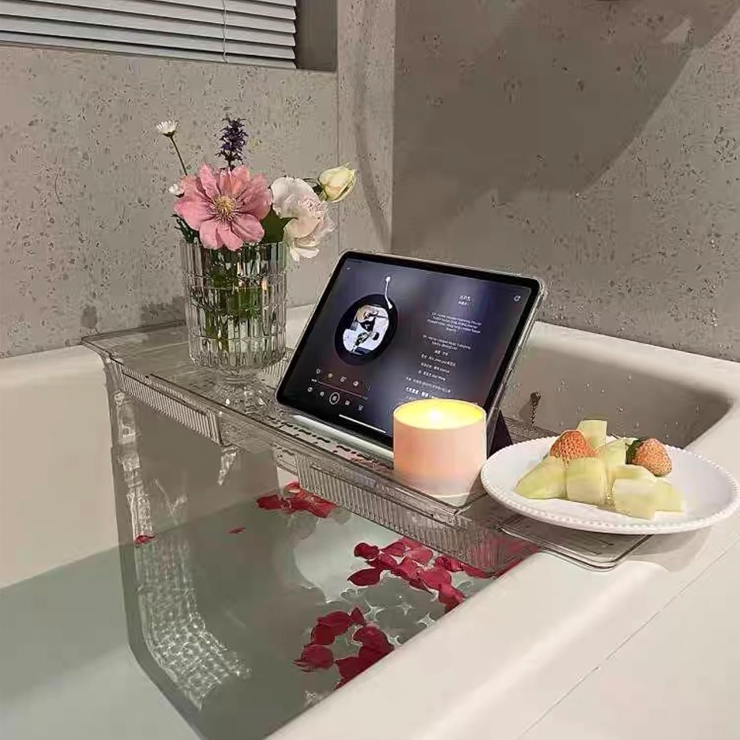 IEEK Expandable Bath Tray with Wine and Book Holder – Clear Acrylic Bathtub Caddy Shelf – Plastic Board Gift for Women