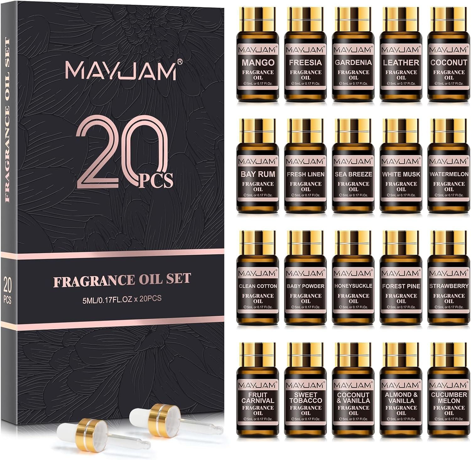 MAYJAM Fragrance Oil Gift Set, Top 20 Essential Oils Variety Pack for Diffusers for Home, Long Lasting Scented Oils for Soap Candle Making – 5ml/0.17fl.oz