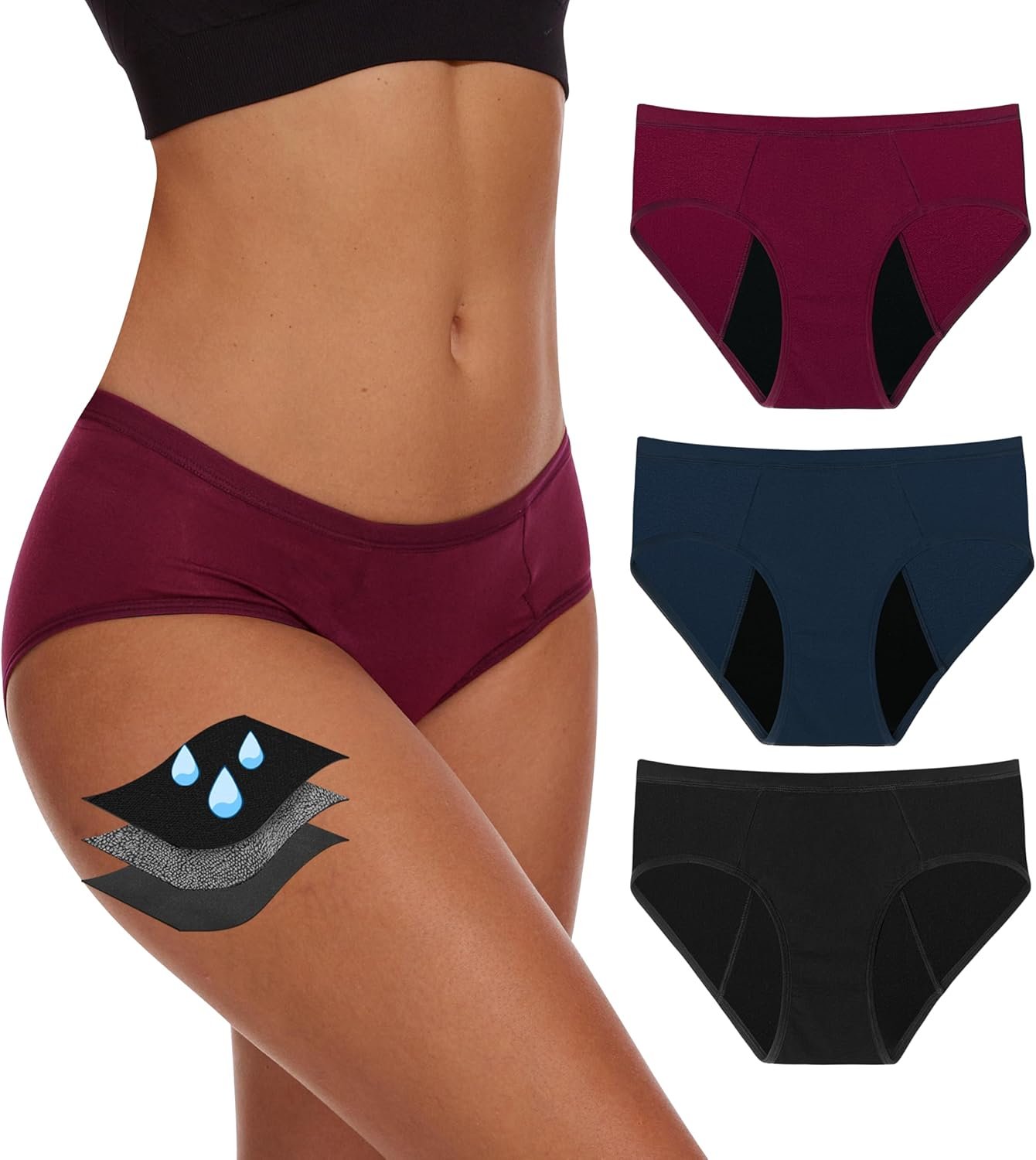 YESWEL Period Underwear For Women, Leak-Proof Hipster, Brief, Heavy Flow, 3 Pack