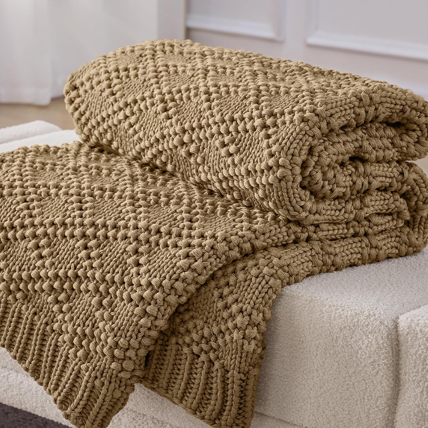 Anysay Knitted Weighted Blanket for Adult, Chunky Knit Weighted Throw for Sleep 60″*80″ 20lbs, Cooling Breathable Machine Washable Fall Heavy Blanket for Room Decor (Beige, Queen)