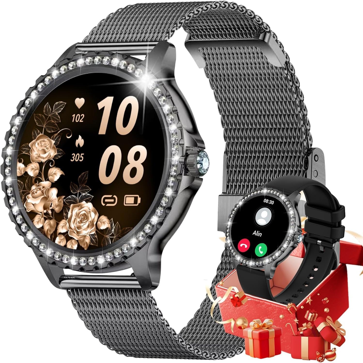 Smart Watch for Women Diamond, Bluetooth Calls, 1.32-inch HD Screen Round Fitness Tracker with Menstrual Cycle/Sleep/Heart Rate Monitor, 100+ Sports Mode, Android/iOS Phone, Black