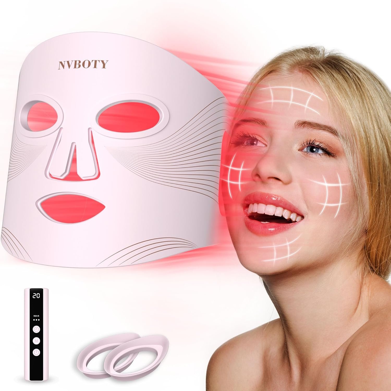 NVBOTY LED Face Mask Light Therapy, 4 Modes Portable Red Light Therapy for Face, 2000mAh Rechargeable Remote, Blue, Orange, 850NM Infrared & Red Light Mask, 400 LEDs, Timing Function, at Home & Travel