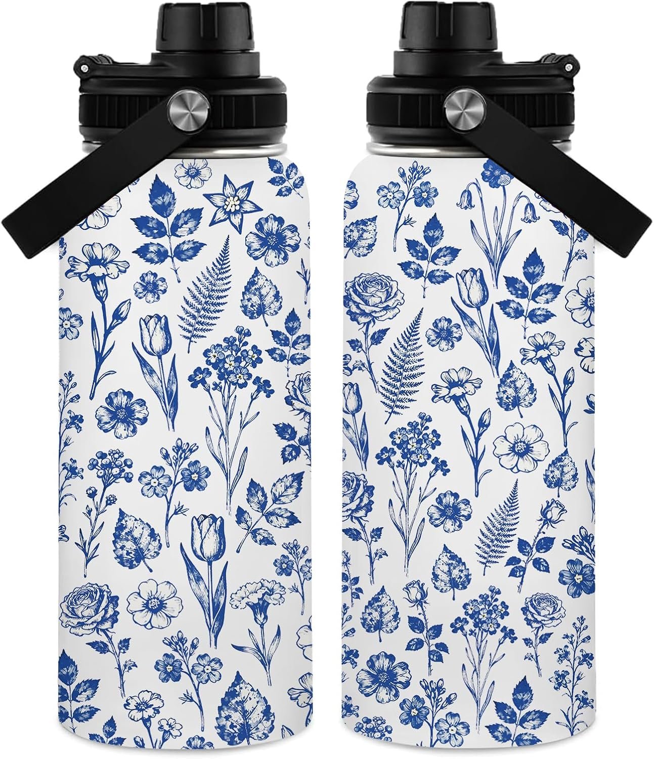 32 oz Water Bottle for Women, Floral Insulated Water Bottle, Stainless Steel Tumbler, Reusable Travel Coffee Mug, Blue Flowers Cup Gifts for Birthday Christmas (1pcs)