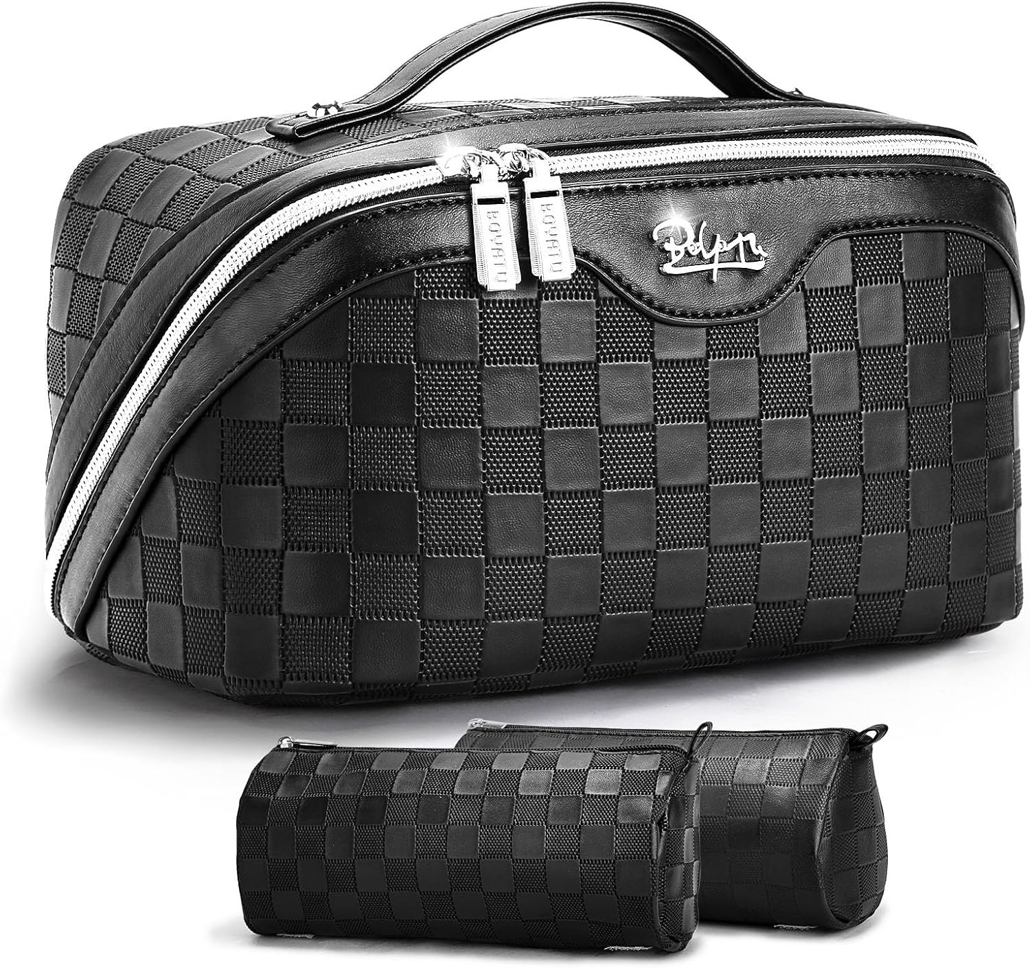 BOYATU Travel Makeup Bag Organizer: 3 Pcs Set Large Capacity Cosmetic Bags Holds 10–20 100ml Full-Size Bottles for 3–15 Day Trips – 180°Open-Flat Make up Case 3-sec touch-up – Toiletry Bag Gift women