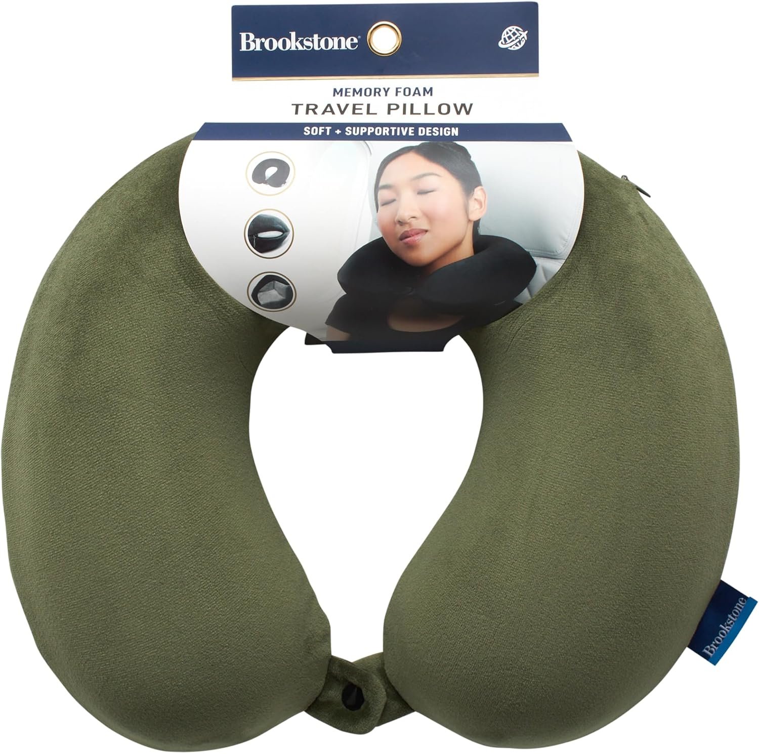 Brookstone Travel Neck Pillow – Lightweight U-Shaped Memory Foam Travel Pillow for Airplane, Car Travels & Sleeping, Olive