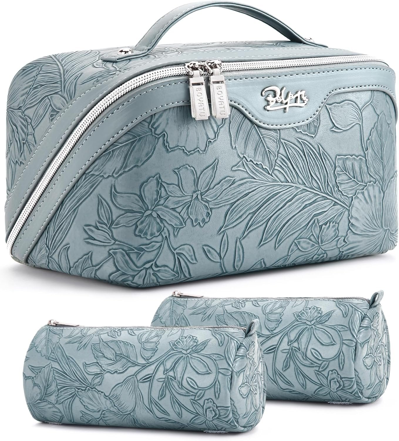BOYATU Travel Makeup Bags Cosmetic Organizer Bag: 3 Pcs Set Large Capacity Floral Make up Bag with Compartments – Waterproof Leather Toiletry Bags with Handle for Women (01-Light Blue)