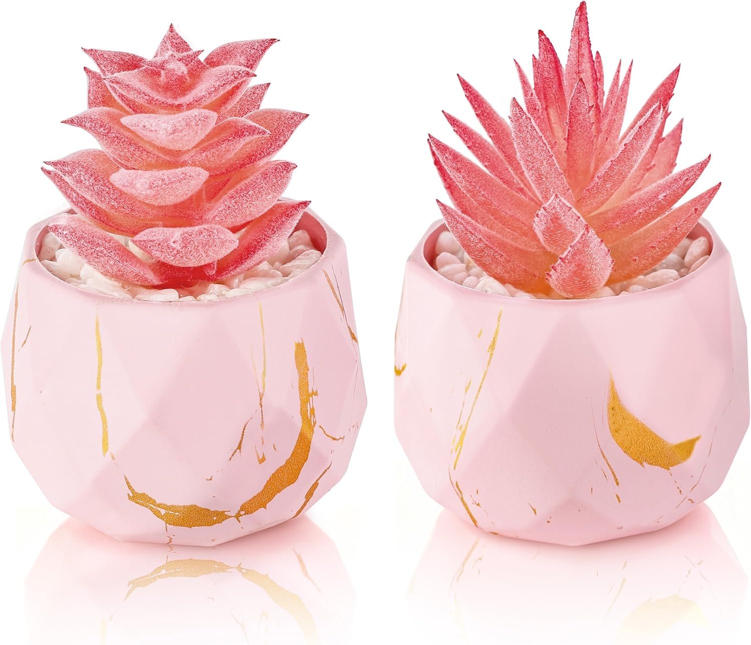 Der Rose Set of 2 Fake Succulent Plants Mini Artificial Plants in Shatterproof Gold-Streak Pots, Pink Room Decor for Bathroom Vanity, Office Desk Accessories, Gift for Women