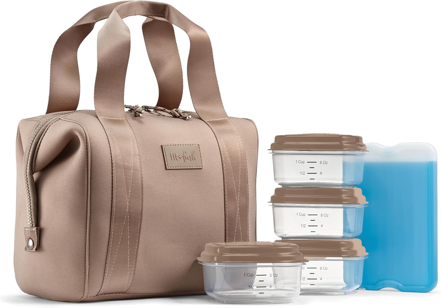 Fit & Fresh Remi Lunch Bag for Women Work – Neoprene Lunch Tote with Containers & Ice Pack, Reusable Meal Prep Lunch Box, Large Capacity, Machine Washable, Taupe