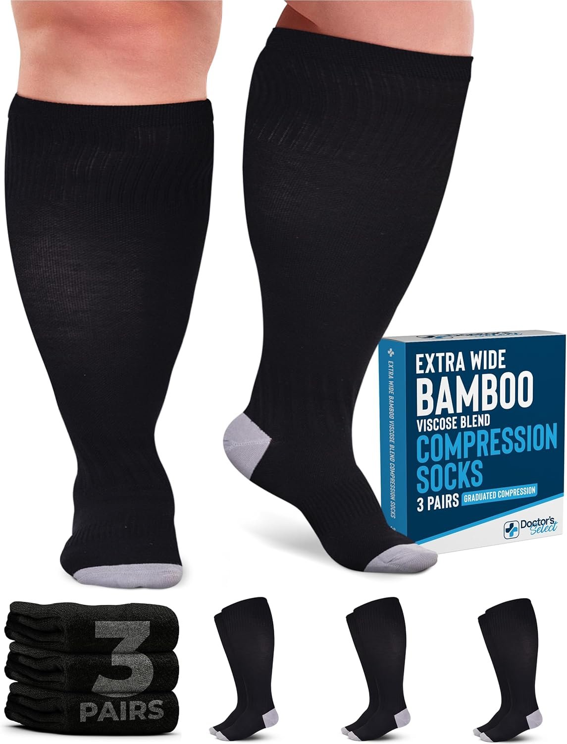 Doctor’s Select 3 Pairs Plus Size Compression Socks Wide Calf – Bamboo Viscose Knee High Socks | Circulation Support