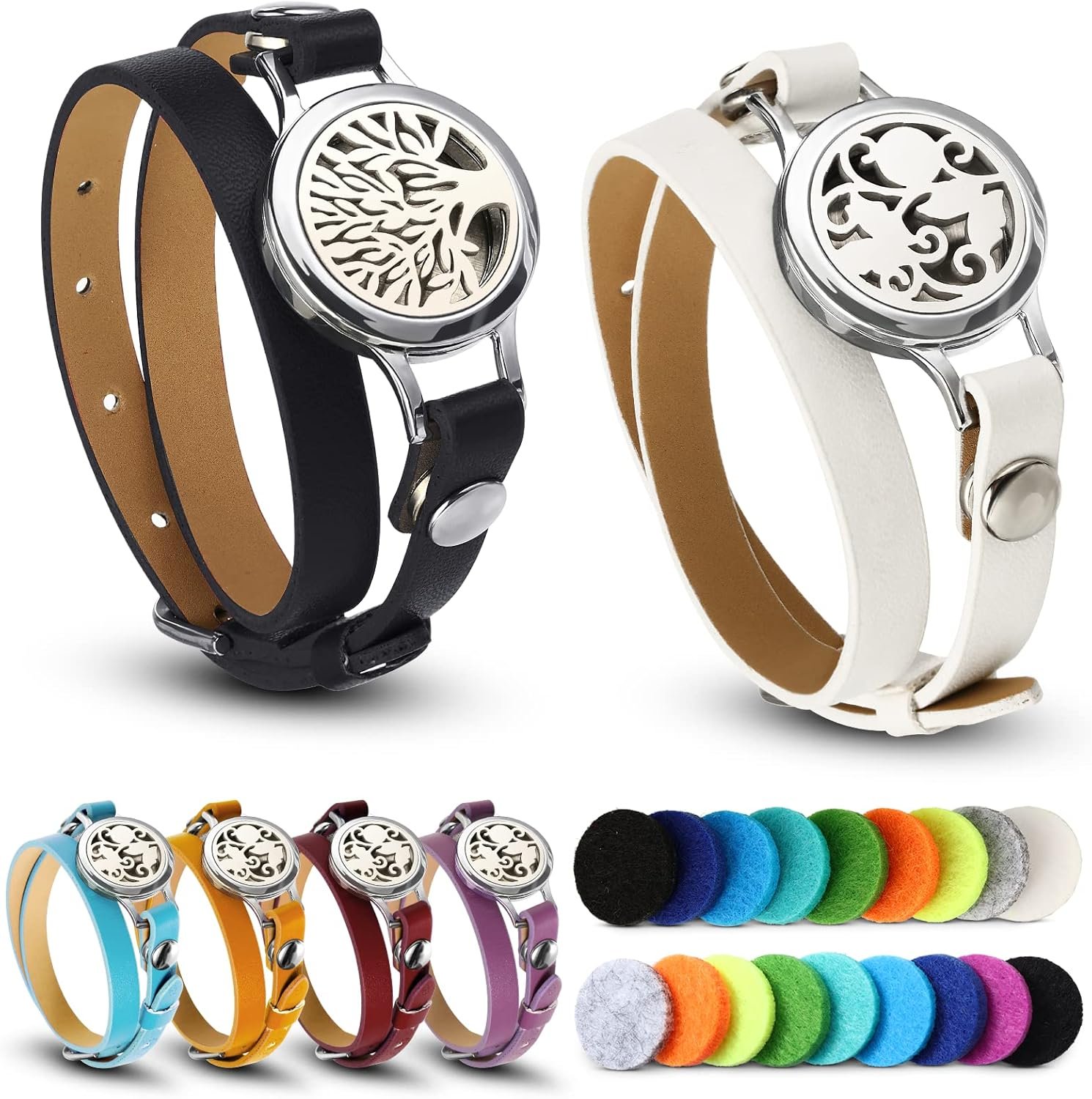 Bonuci 2 Pcs Essential Oil Diffuser Bracelet Gift for Mother’s Day Aromatherapy Fragrance Locket Bracelet Adjustable with 6 Replacement Leather Band and 18 Refill Pad for Women Wife Friend Birthday
