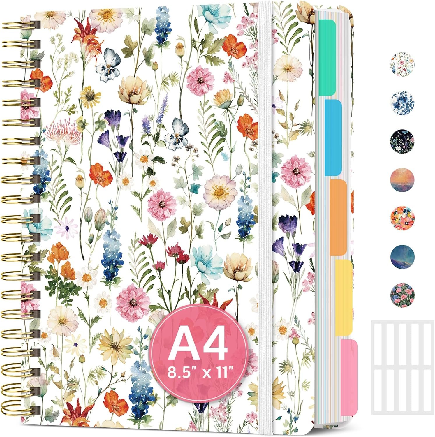 Large Spiral Lined Notebooks for Work with Removable Dividers & Tabs, 8.5″x11″ Pretty Hardcover 5 Subject Notebook Journal for Women, College Ruled, Perfect for Study & Office Organization, 280 Pages,Wildflowers