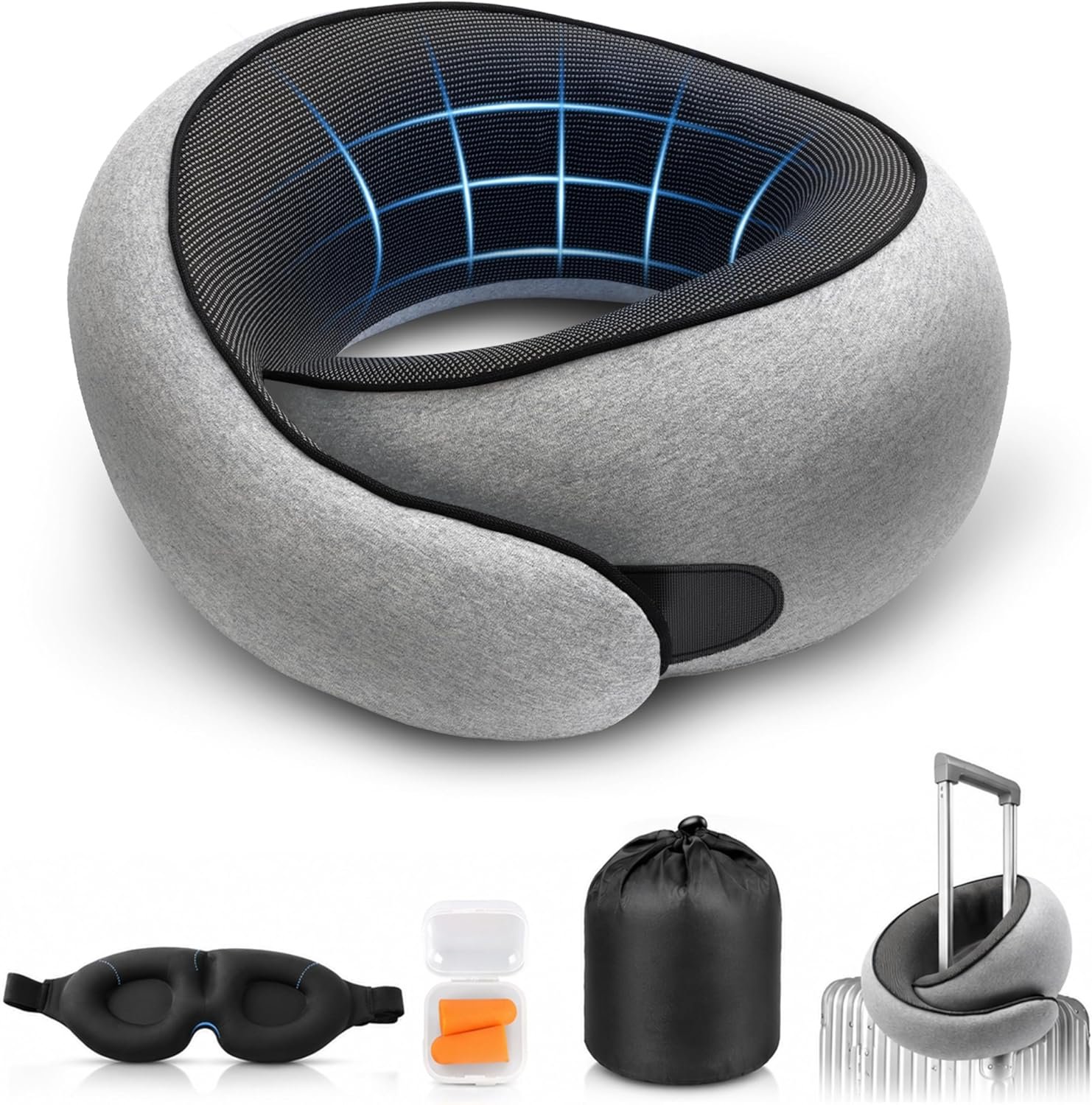 Purroch G-Shape Memory Foam Travel Neck Pillow – 100% Pure Foam Ergonomic Support with Eye Mask & Ear Plugs for Airplane Flights, Car Trips & Office Naps, Beige Gray