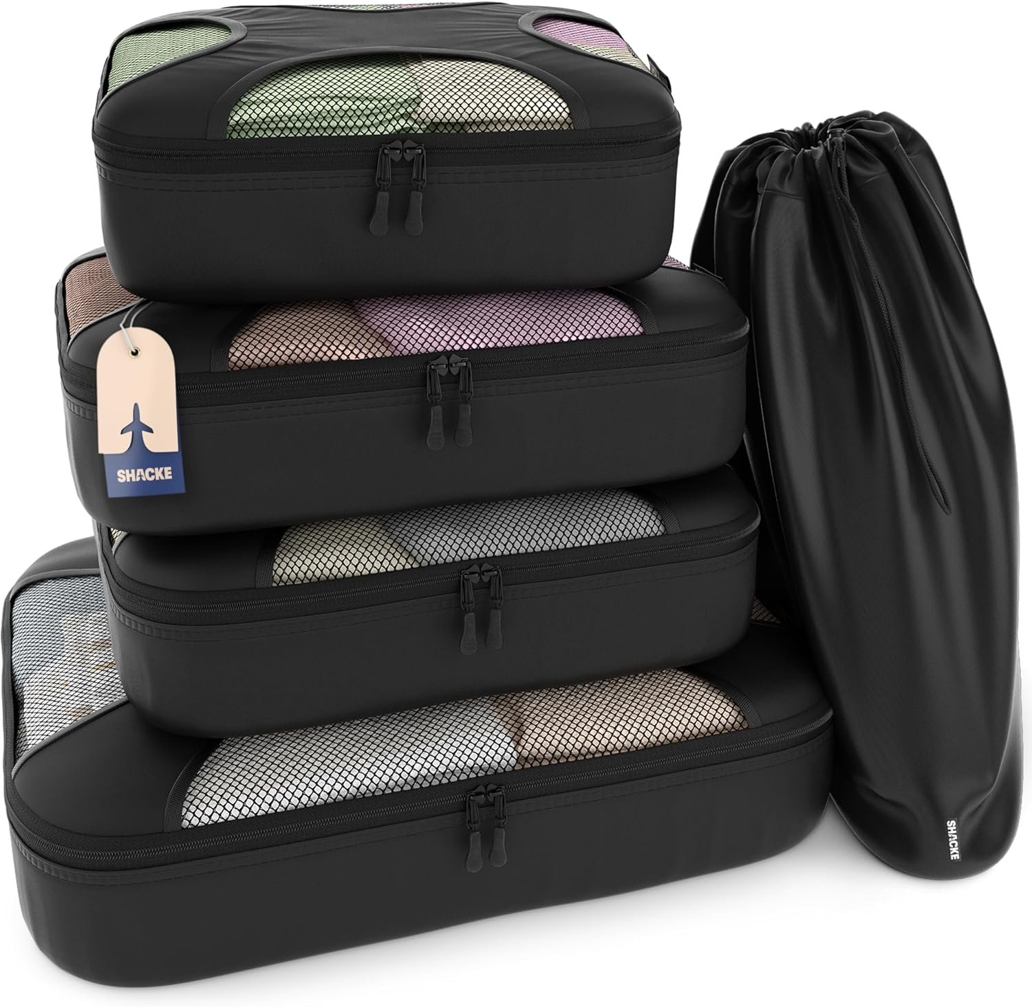 Shacke Packing Cubes for Travel 5 Set – Luggage Organizer Bags for Suitcase – 4 Cubes + Laundry Bag – Water-Resistant Nylon – Pure Black