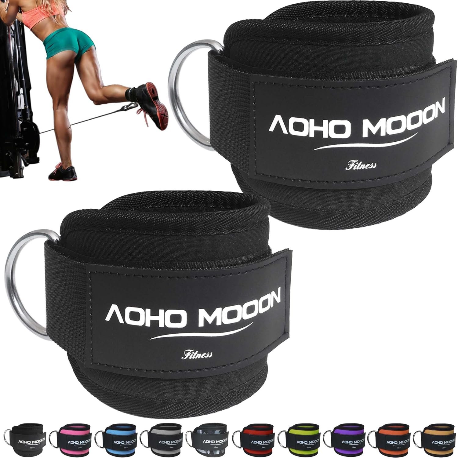 AOHO MOOON Velcro Comfortable Adjustable Padded Ankle Wrist Cuffs Neoprene Padded Straps D-Ring Glute Kickback for Cable Machine, Ideal for Glutes Exercises
