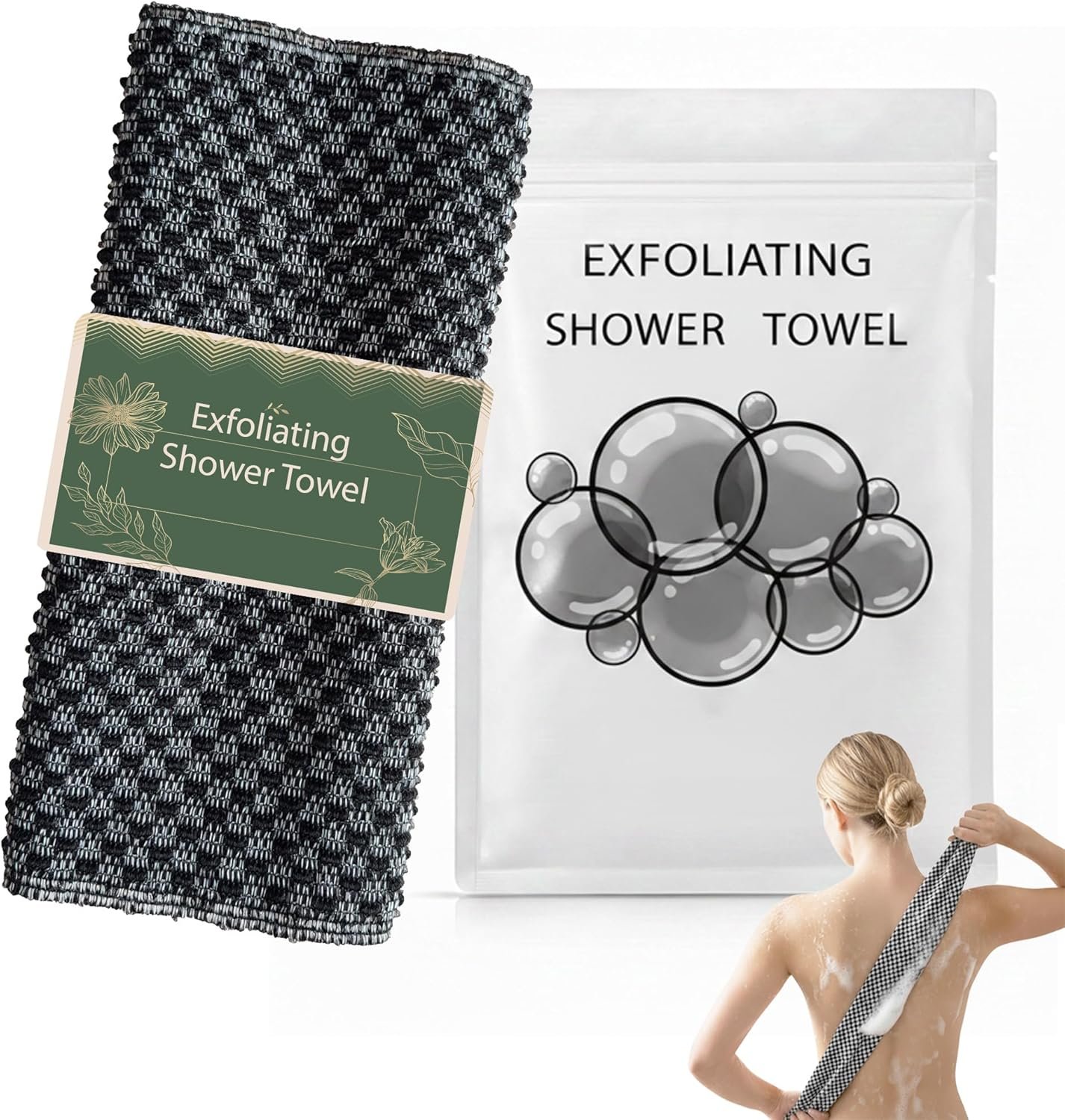 Exfoliating Washcloth, 40″ Extra Long Back Scrubber for Shower, Bamboo Charcoal Bath Towel for Body Cleansing & Dead Skin Removal, Machine Washable Body Scrubber for Men & Women, Black