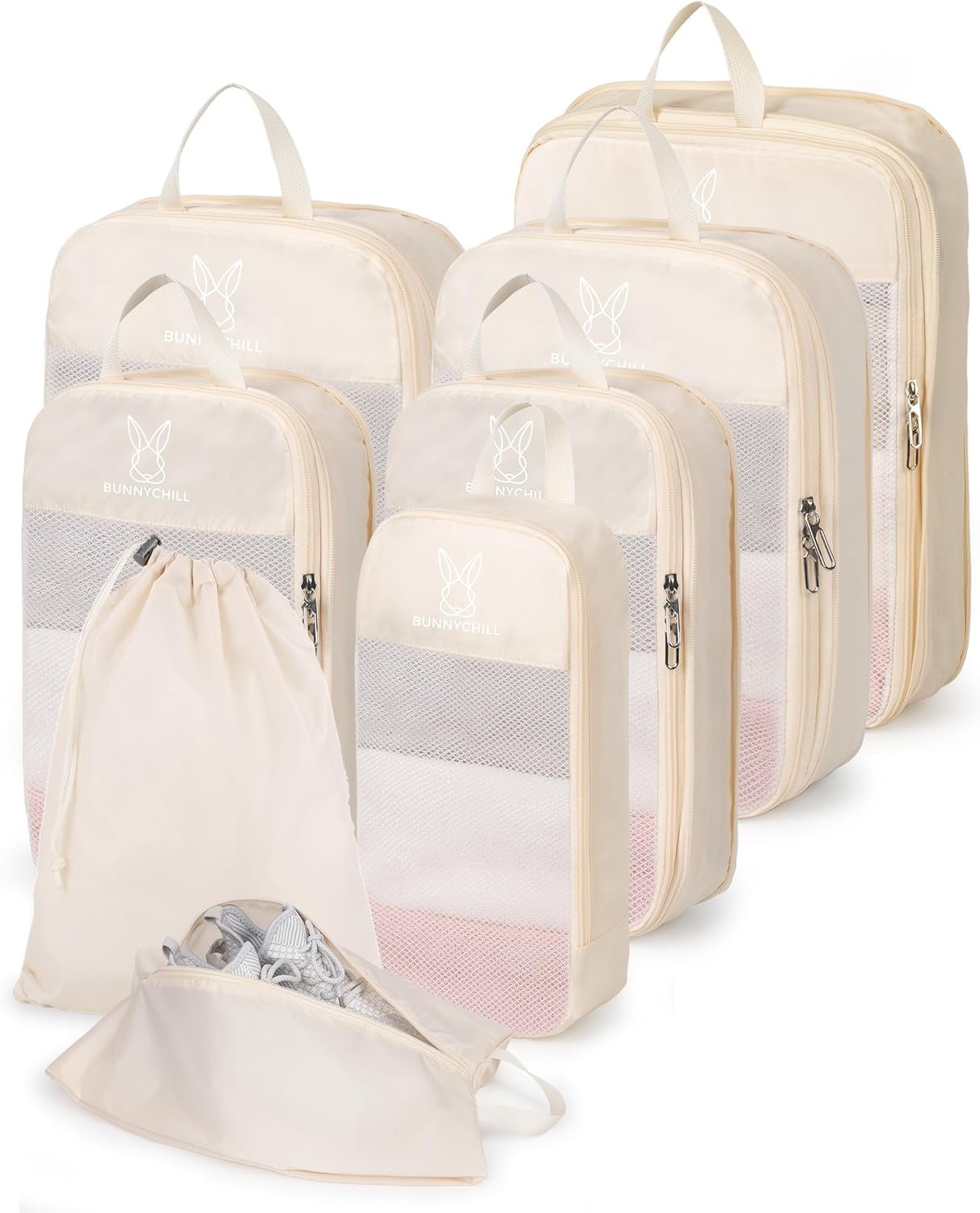 6/8 Sets Compression Packing Cubes for Travel, Bunnychill Portable Zipper Packing Cube for Cloting, Expandable Space Saver Storage Luggage Organizer Bags for Suitcases