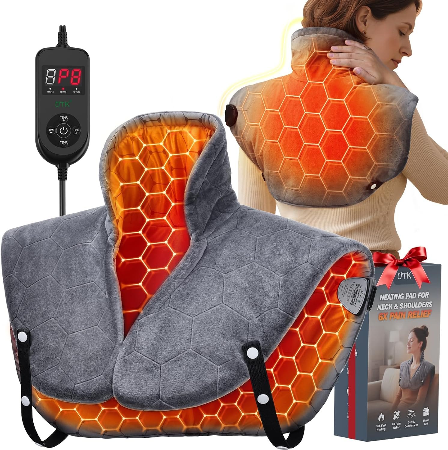 Far Infrared Heating Pad for Neck and Shoulders and Back – 6X Deeper Pain Relief, Graphene 30s Fast Heat, 8 Heat Setting, 16 Timer, Automatic Memory, Weighted Heating Pads Gift for Women&Men (Grey)