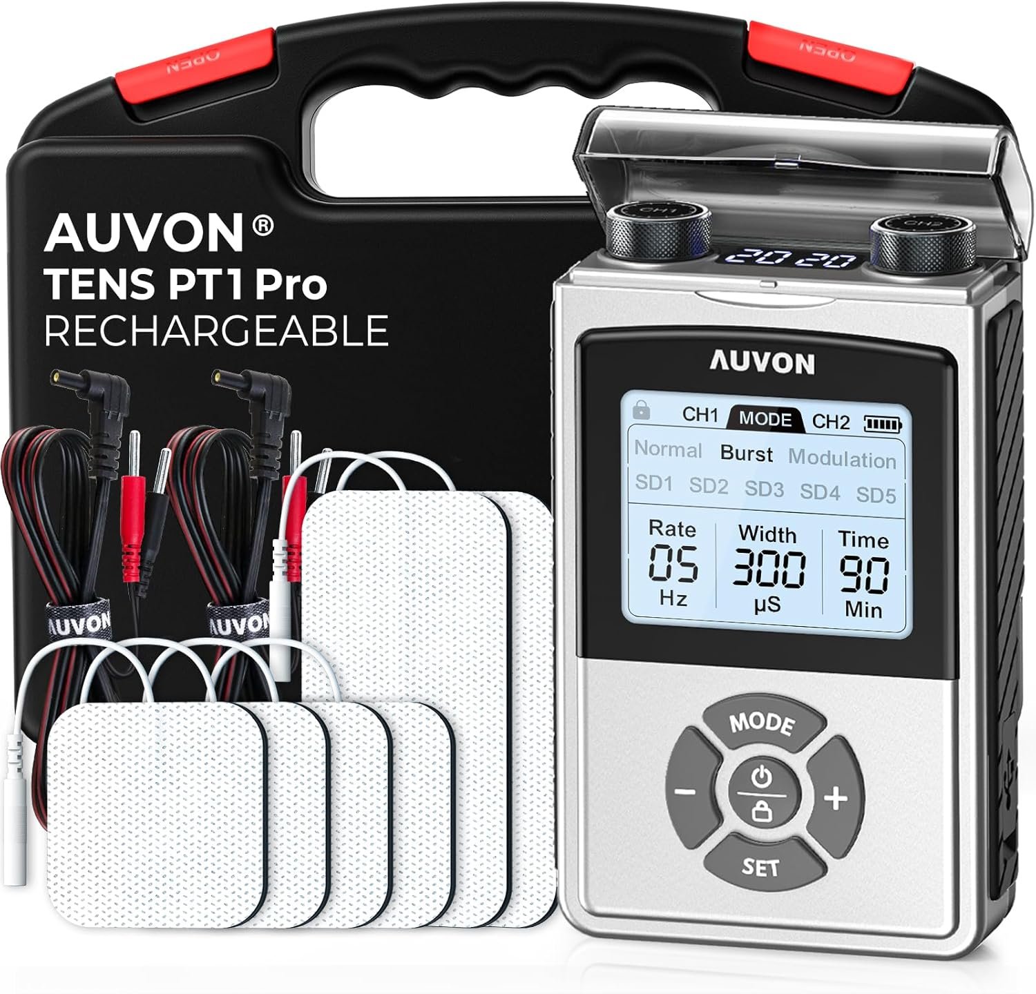 AUVON Rechargeable Digital TENS Unit Muscle Stimulator with 600 mAh Battery, TENS Machine with 8 Customizable Modes, Electric Massager for Shoulder, Back Pain Relief, 6 TENS Pads, A Carry Case