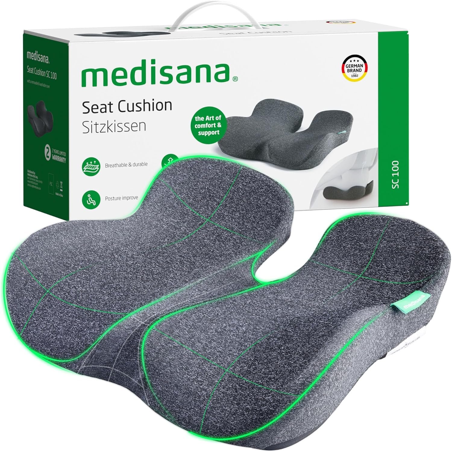 medisana Seat Cushion, SC 100 Seat Cushions for Office Chairs, Car Seat, Wheelchair – Sciatica & Tailbone & Coccyx Pain Relief Pillow for Driver Sedentary, Gift for Women Men(Size:18*14.6*3.54in-Grey)
