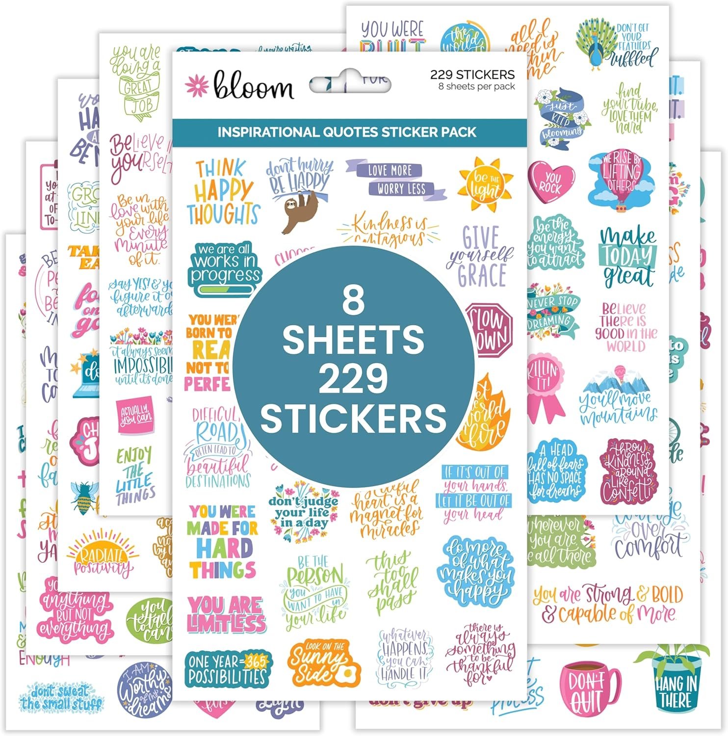 bloom daily planners Inspirational & Motivational Quotes Planner Stickers (8 Sheets / 200+ Stickers) – Hand-Lettered Positive Cute Aesthetic Quotes for Decorating Organizers, Scrapbooks, Laptops, etc.