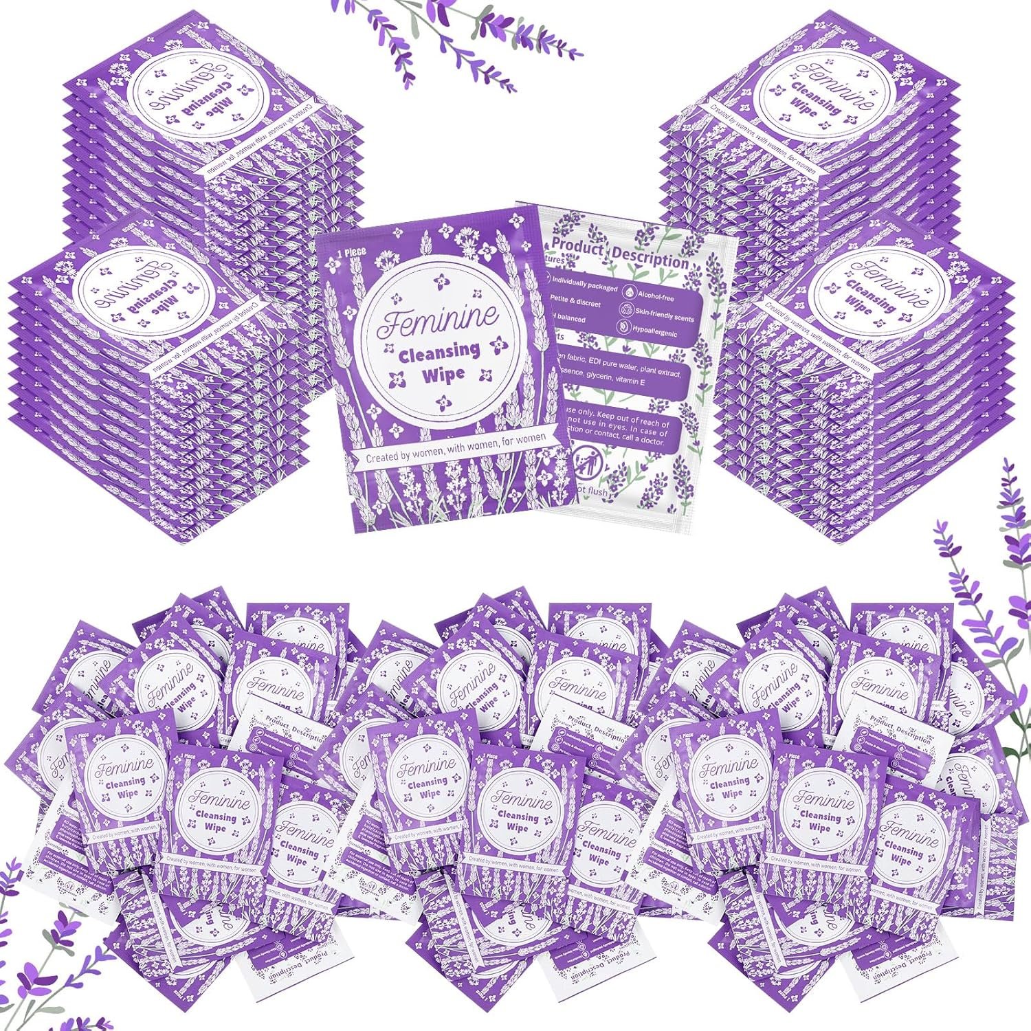 Tondiamo 200 Pcs Feminine Wet Wipes for Women Individually Wrapped Flushable Wipes Travel Size Soothing Personal Wipe Cleansing Natural Ingredients for Feminine Daily Use(Lavender)
