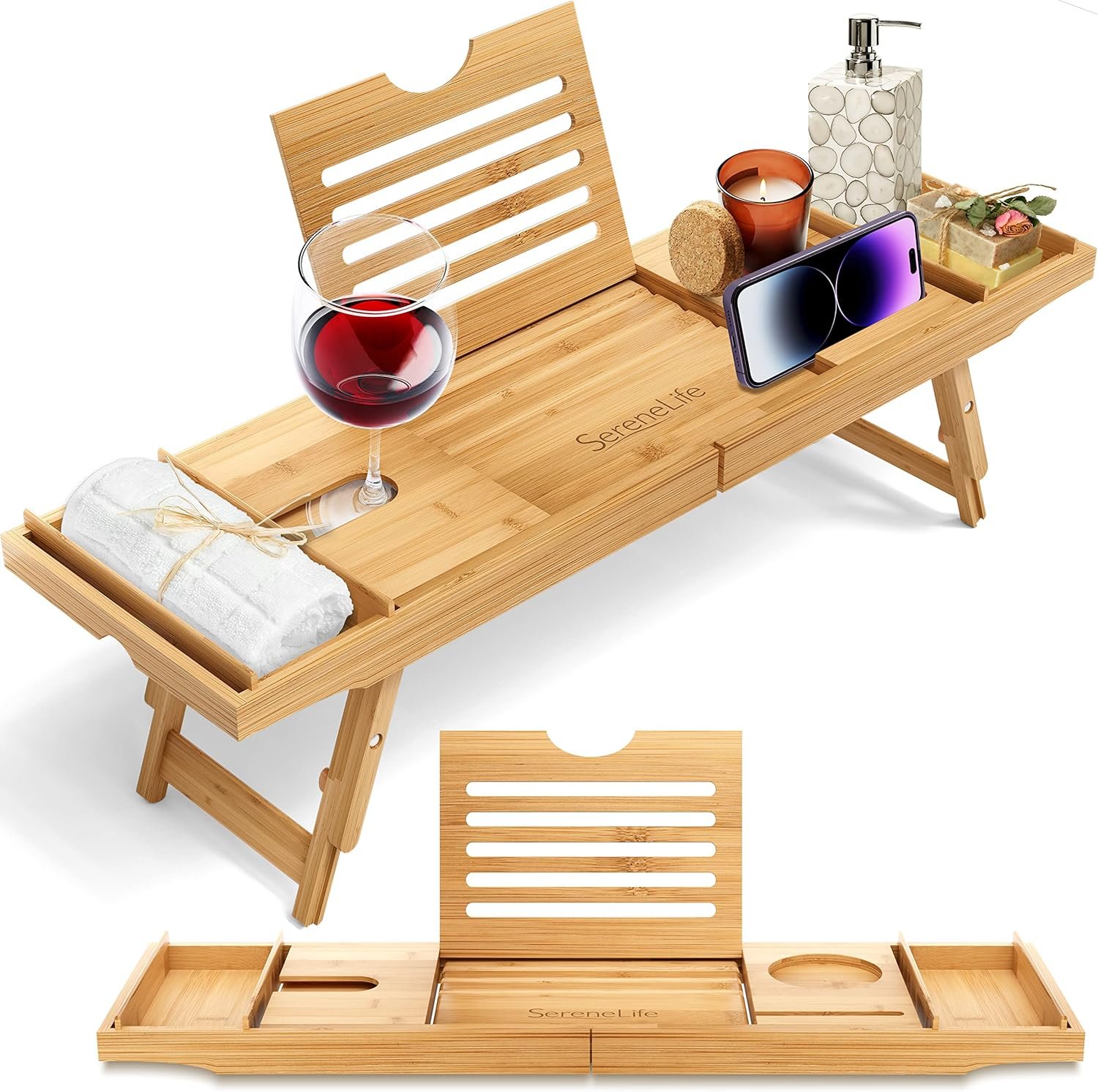 SereneLife Bath Caddy Breakfast Tray Combo – Natural Bamboo Wood Waterproof Tub and Bed with Folding Slide-Out Arms, Device Grooves, Wine Glass Soap Holder
