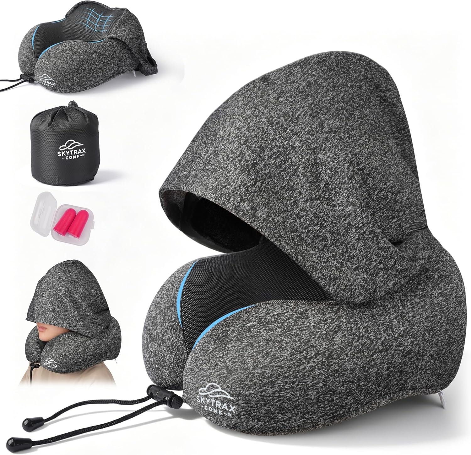 Travel Pillow with Extra Large Hood for Airplane Long Flights Privacy and Comfort Memory Foam with Skin-Friendly Cover for Road Trip Head&Neck Support for Plane Office Cars Sleeping & Rest (Grey)