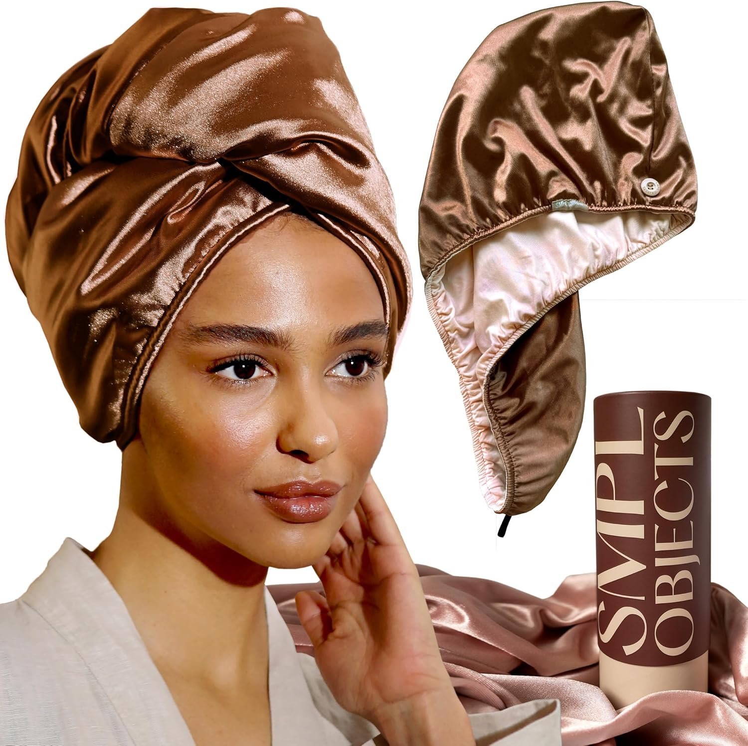 Satin Hair Wrap Towel, Double Layer Curly Hair Turban Towel for Women – Satin Hair Drying Towel for Curly Hair (Bronze)